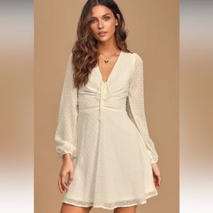 Lulus Wine and Dine White Swiss Dot Long Sleeve Skater Dress Size Large